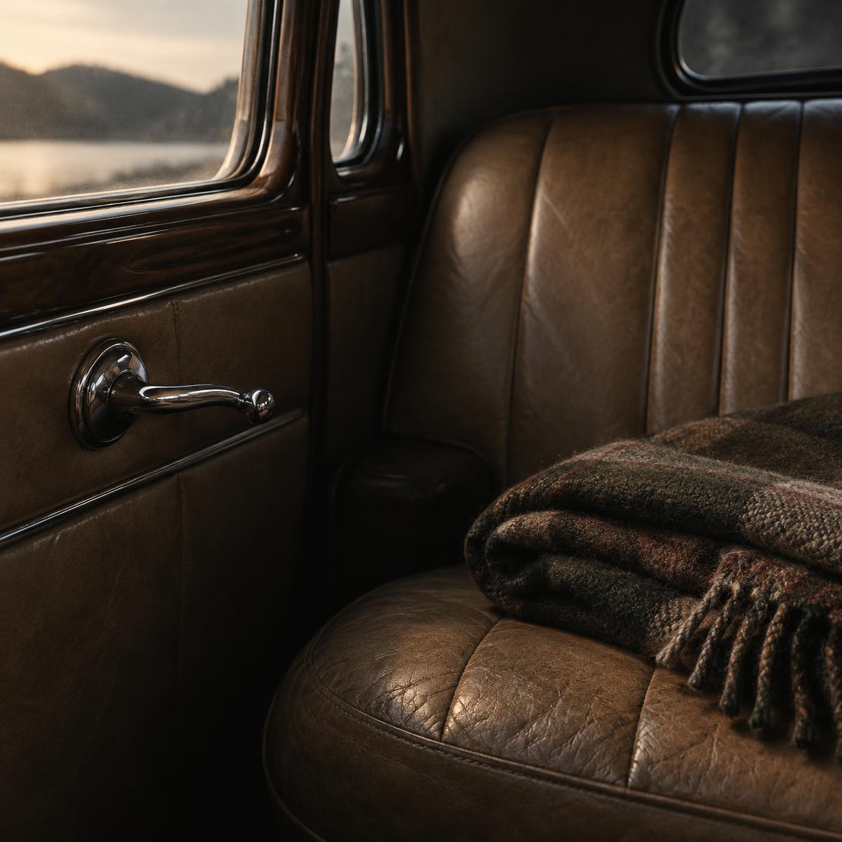 Leather seat and chrome door handle inside a classic car